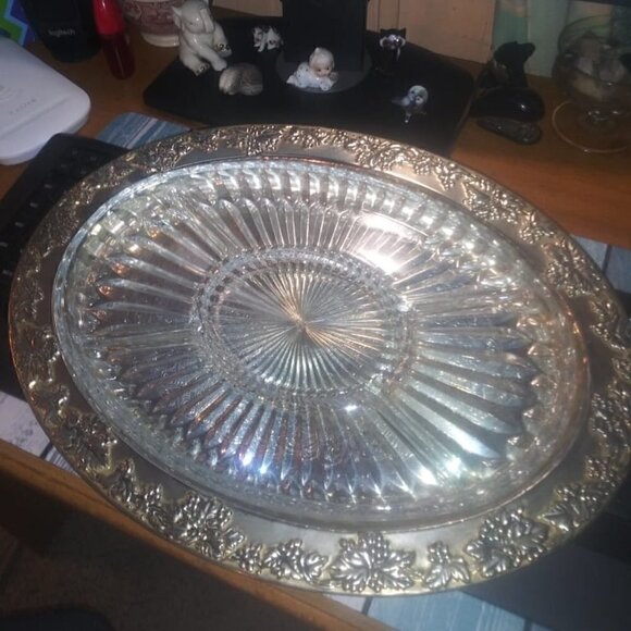 "rare"-vintage GODINGER SILVER ART Co LTD Grapevine Adorned Oval Platter/Crystal - Picture 14 of 16